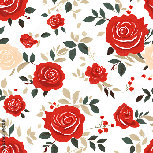 Minimalist pattern of bright red roses on a white background for Valentine s Day background.