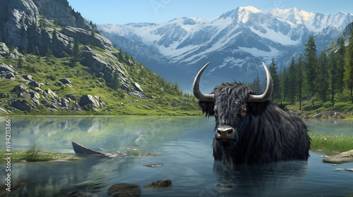 Black yak in the lake in the mountains. Generative AI photo