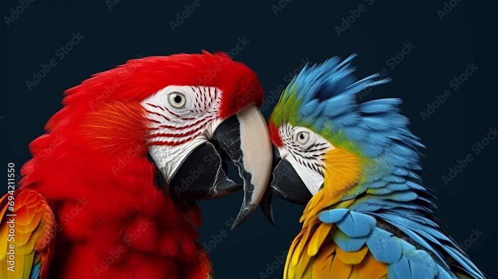 Close up portrait of blue-and-yellow macaw (Ara ararauna) sitting on a branch. Generative AI Close up portrait of blue-and-yellow macaw (Ara ararauna) sitting on a branch. Generative AI