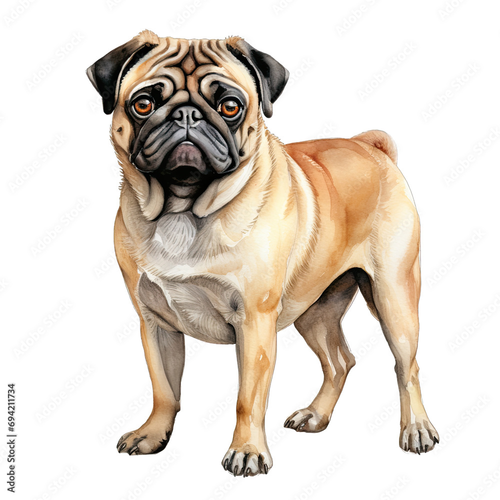 Obraz premium A pug standing watercolor clipart on transparent background