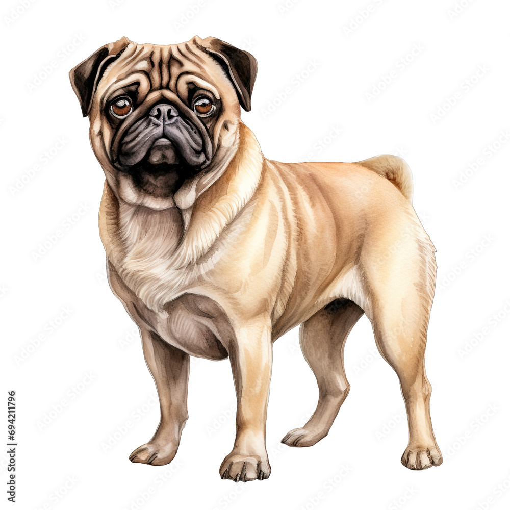 A pug standing watercolor clipart on transparent background