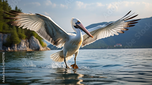 Bird landing to the blue lake water. Bird fly. Dalmatian pelican, Pelecanus crispus. Generative AI photo