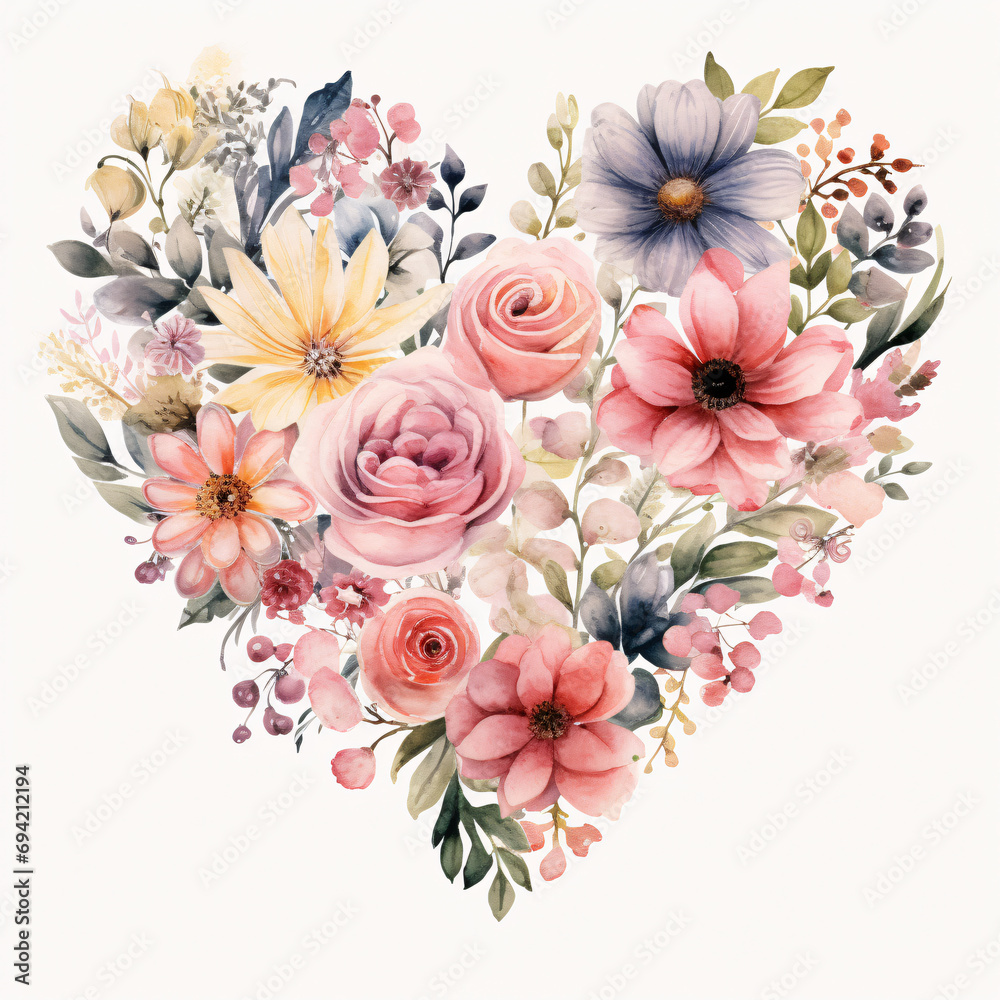 A heart-shaped floral arrangement in watercolor style, perfect for romantic events like weddings or Valentine's Day.