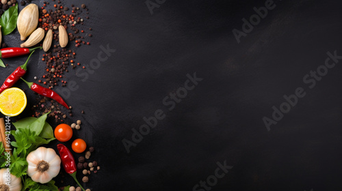 Black stone cooking background. Spices and vegetables. Top view. copyspace. Generative AI