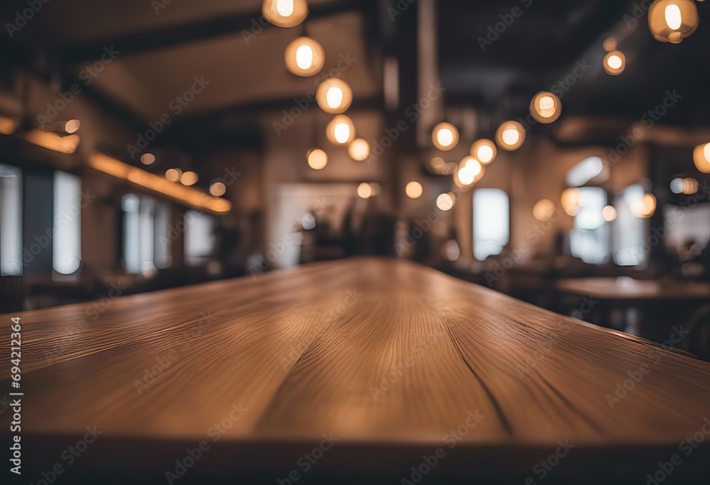 Wooden table top with blurred background in cafe stock photoOffice, Focus On Foreground, Backgrounds, Desk, Dark