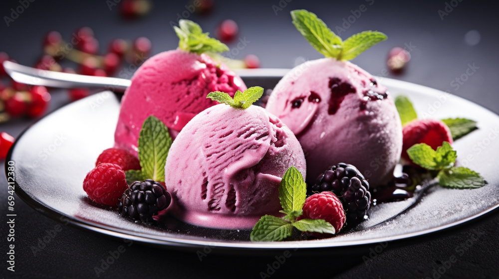 Raspberry ice cream in white bowl overhead shot. Generative AI Raspberry ice cream in white bowl overhead shot. Generative AI