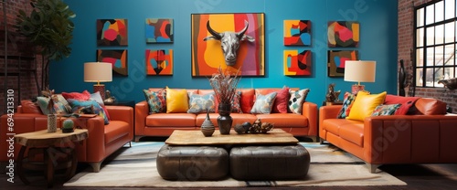 Create an Argentine-inspired living room with leather furniture, bold patterns, and vibrant artwork, reflecting the passion and energy of Argentina.