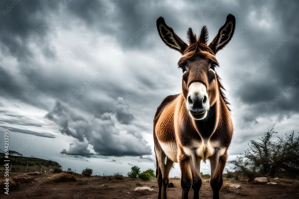 **View to donkey standing at cloudy background looking at camera.