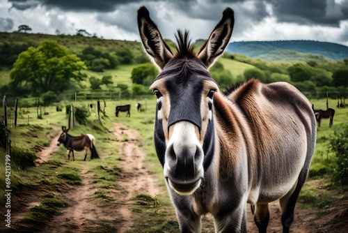   View to donkey standing at cloudy background looking at camera.
