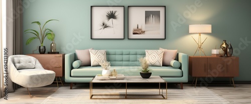 Craft an inviting living room with a modern mint sofa, wooden console, and elegant accessories, creating a stylish home decor with a cube, coffee table, lamp, and mock-up poster frame.