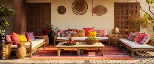 Design an Angolan outdoor terrace with wooden furniture, tribal prints, and vibrant textiles, capturing the essence of Angola's diverse cultural influences. photo