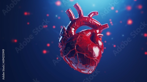 A 3D rendering of a human heart on a blue background. 