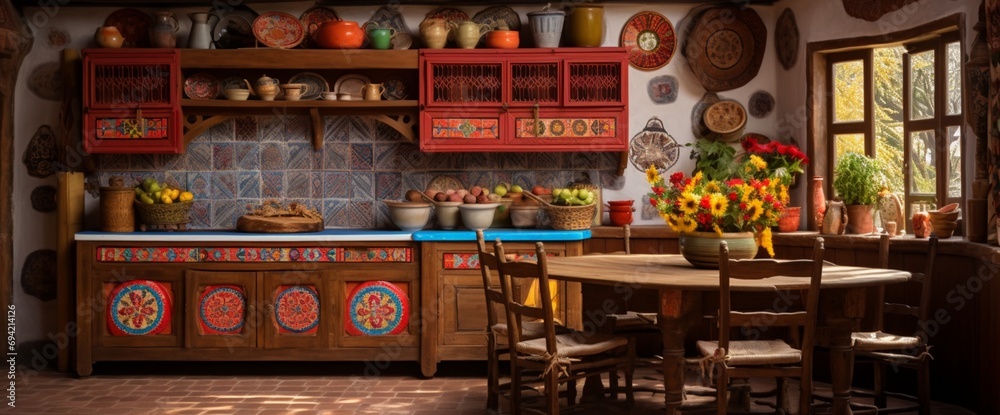 Craft an image of an Albanian-inspired kitchen with vibrant mosaic tiles, rustic wooden furniture, and traditional patterns, embracing Albania's cultural heritage.