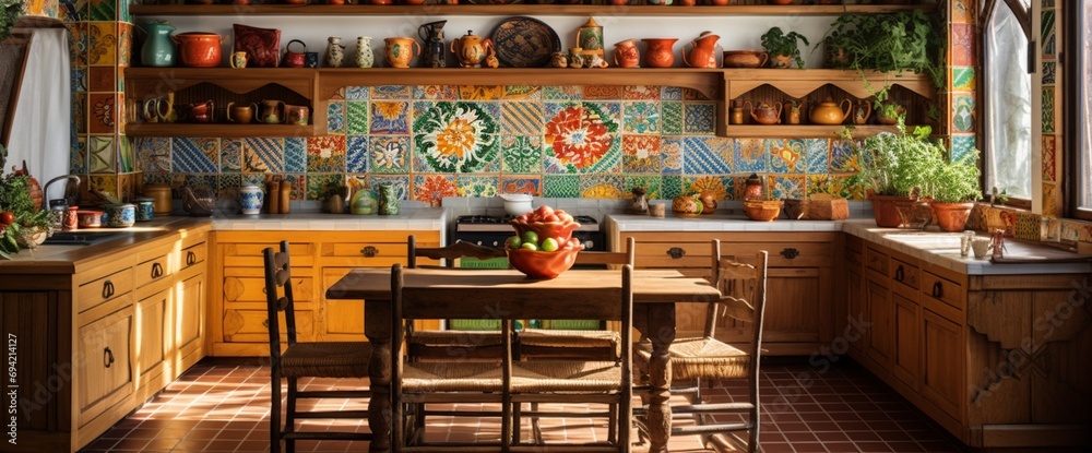 Craft an image of an Albanian-inspired kitchen with vibrant mosaic ...