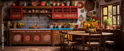 Craft an image of an Albanian-inspired kitchen with vibrant mosaic tiles, rustic wooden furniture, and traditional patterns, embracing Albania's cultural heritage.