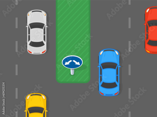 Traffic regulation tips and rules. Top view of a traffic flow at "Pass on either side" sign area. Flat vector illustration template.