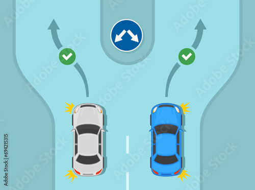 Safe driving tips and traffic regulation rules. Traffic may pass on either side of the island. Top view of a traffic flow. Flat vector illustration template.