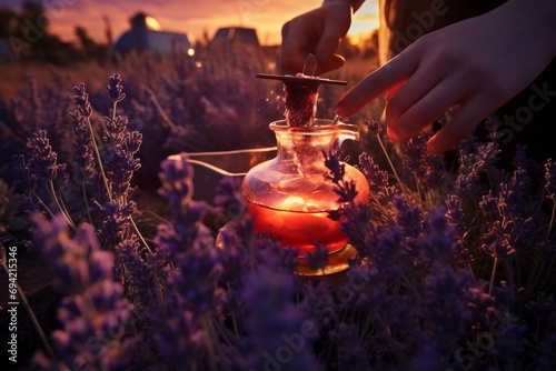 Process of extracting lavender oil and hydrolate using a copper alambik in a blooming field. Generative AI