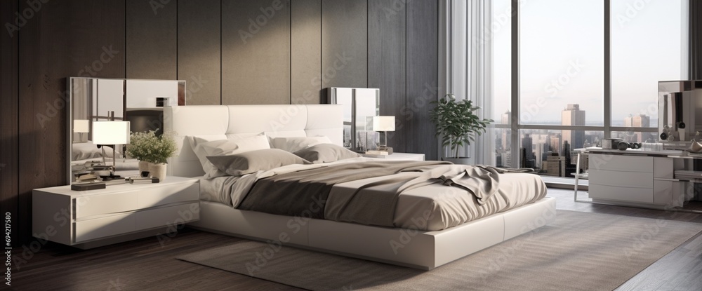 Create a sleek, minimalist bedroom adorned with chrome and glass elements, where contemporary design meets elegance. Create a sleek, minimalist bedroom adorned with chrome and glass elements, where contemporary design meets elegance.