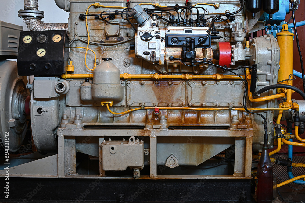 old diesel generator close-up. emergency light shutdown. alternative power. old diesel generator close-up. emergency light shutdown. alternative power.