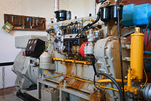 old diesel generator close-up. emergency light shutdown. alternative power.