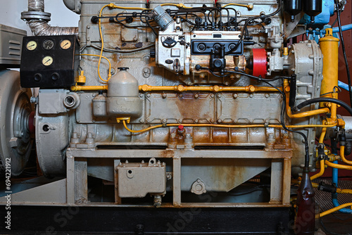 old diesel generator close-up. emergency light shutdown. alternative power.