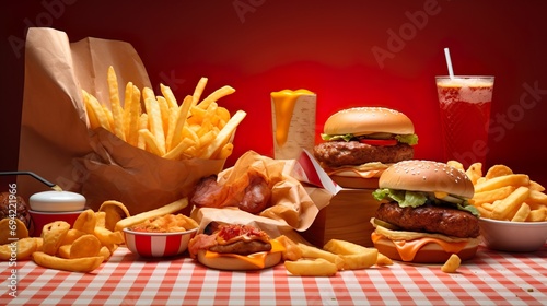 front view of grilled cheese burger with drinks and fries 