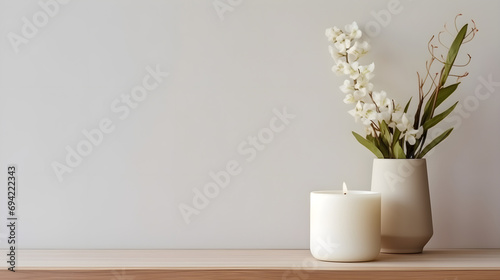 An aromatic candle and a small bouquet in a white vase on a light background