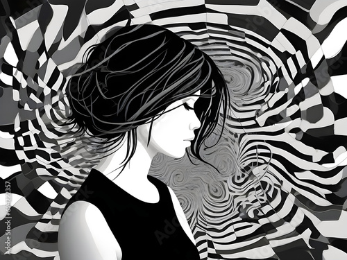 A dramatic black and white image featuring a sad lady enveloped by dynamic, swirling patterns, creating a sense of intensity and surrealism. Generative AI. photo