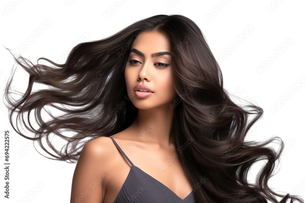 Obraz na płótnie stock image of a Young beautiful black hair Model with body wave hair bundles isolated white background w salonie