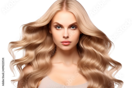 stock image of a Young beautiful blonde Model with body wave hair bundles isolated white background