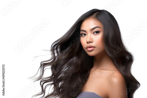 stock image of a Young beautiful black hair Model with body wave hair bundles isolated white background