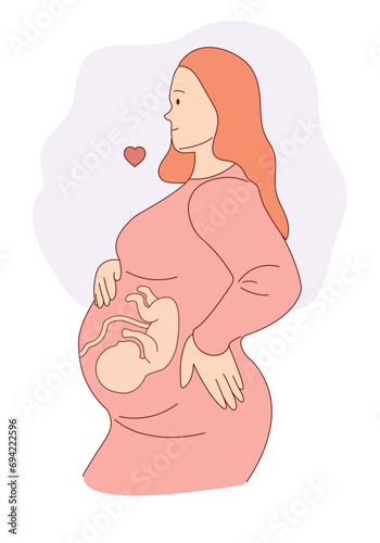 The expectant mother strokes the baby. A pregnant woman is monitoring her condition. Women Health. New life in the belly. Childbirth. Vector illustration.