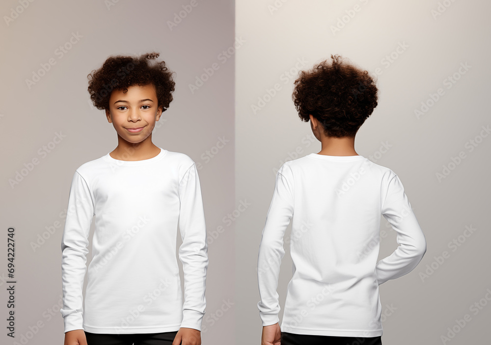 Front and back views of a little boy wearing a white long-sleeve T-shirt Front and back views of a little boy wearing a white long-sleeve T-shirt