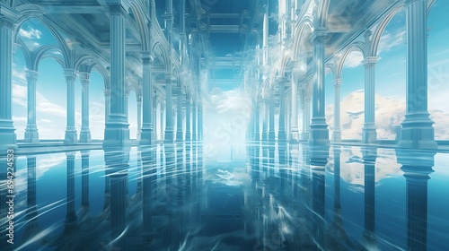 futuristic hall of mirrors, the floor is shallow crystal blue water