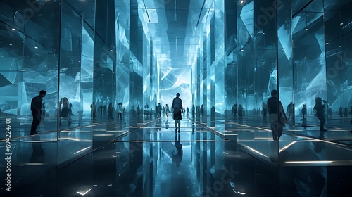 futuristic hall of mirrors  the floor is shallow crystal blue water