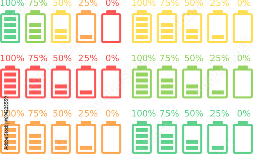 Battery charge indicator icons,charge level,charge power, Discharged and fully charged battery,Battery charge from high to low,Battery icons set,Vector Illustration.