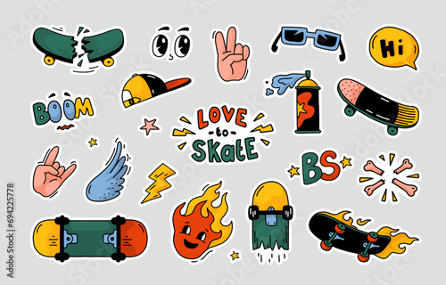 Skate stickers. Cool skateboard sport. Street skater prints for summer T-shirt. Board with art quote patches. Skateboarding labels. Trendy badges design set. Vector graphic illustrations