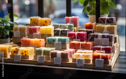 Assortiment of handmade organic herbal soap on a shelf in a store on the window background