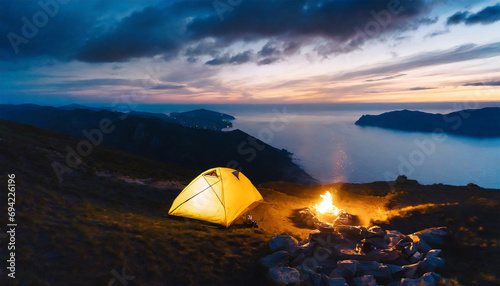 Tourist camping tent on top of mountain; drone view