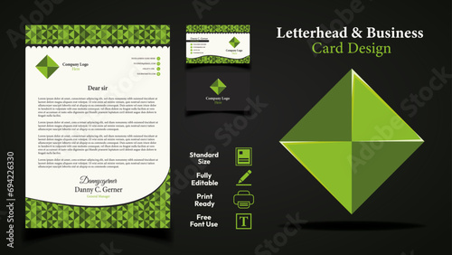 Green letterhead & business card with minimalist logo design template 