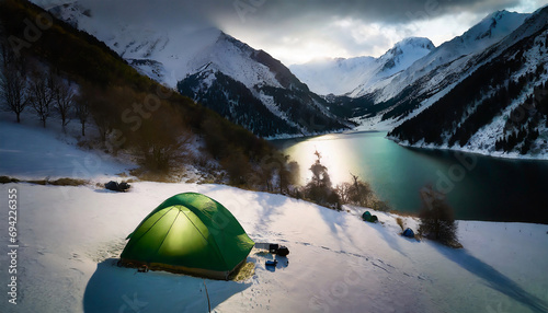 Tourist camping tent in mountains at sunset