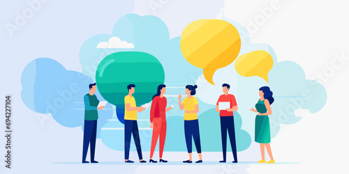 In the illustration, people stand engaged in lively conversation, depicted with speech bubbles emanating vibrant colors, capturing the dynamic and animated nature of their chat.