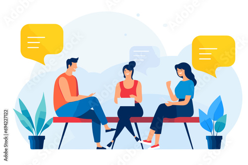 On a white background, a colorful image depicts three people sitting, engaged in lively conversation, with vibrant speech bubbles enhancing the communicative atmosphere. photo
