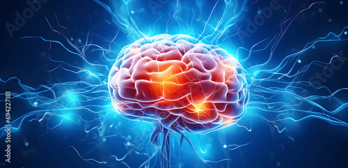 Human brain electrical activity on blue background #694227181