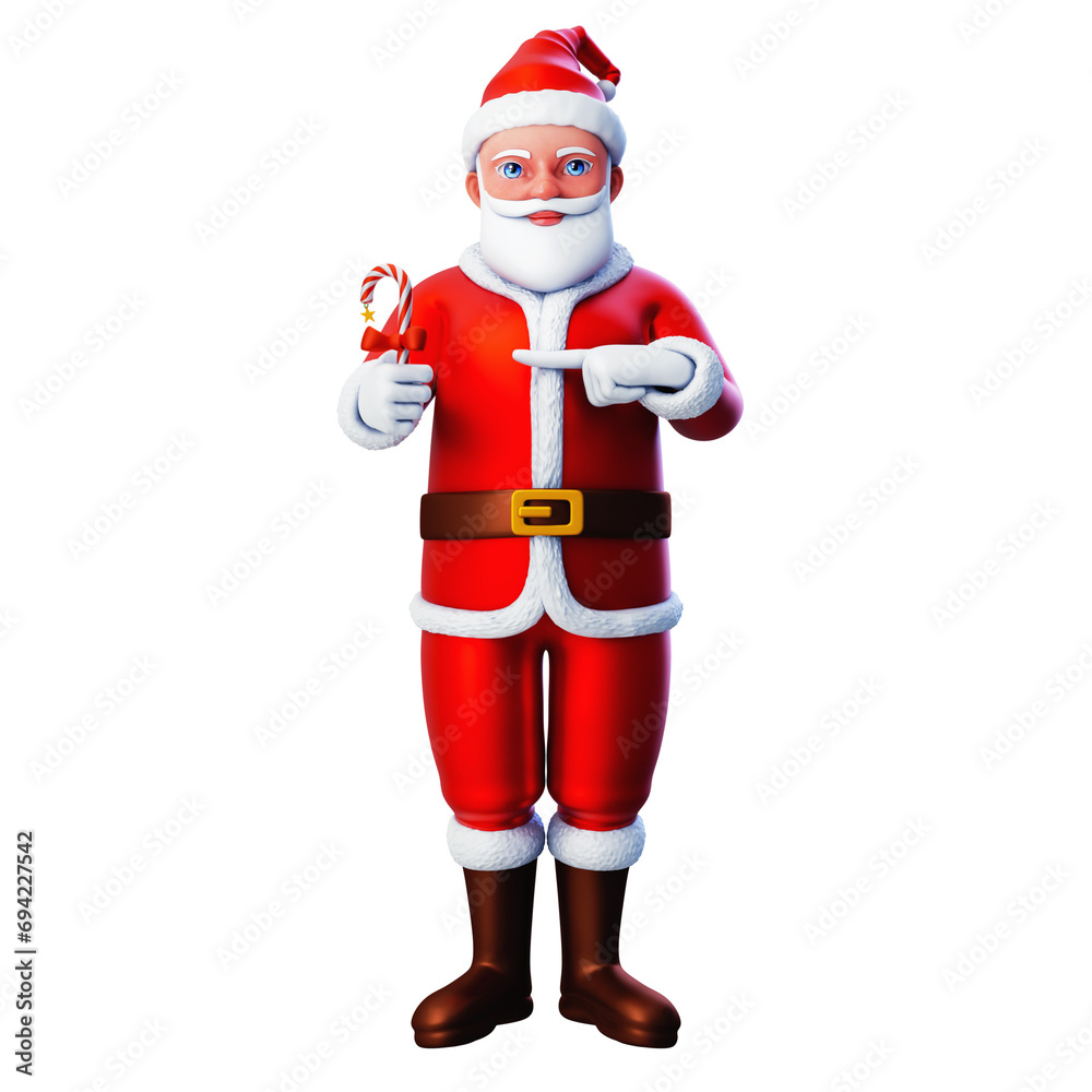 3D character of santa claus pointing to the christmas candy, Merry Christmas and Happy New Year, 3d illustration and rendering 3D character of santa claus pointing to the christmas candy, Merry Christmas and Happy New Year, 3d illustration and rendering