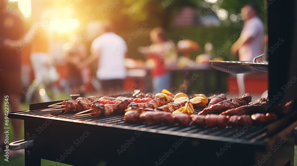 Family making barbecue in dinner party camping - obrazy, fototapety, plakaty 