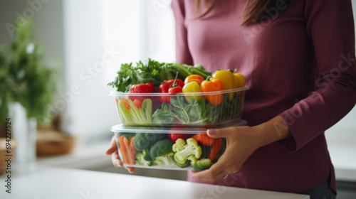 Woman holding plastic containers with fruits and vegetables. photo