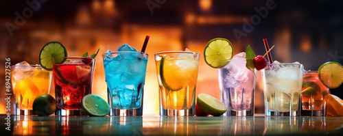 Alcoholic cocktail row on bar table, colorful party drinks photo
