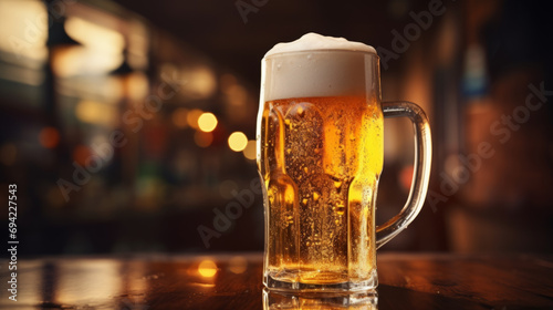 Glass of chilled beer on table and blurred bar background. Glass of beer in a pub close-up.